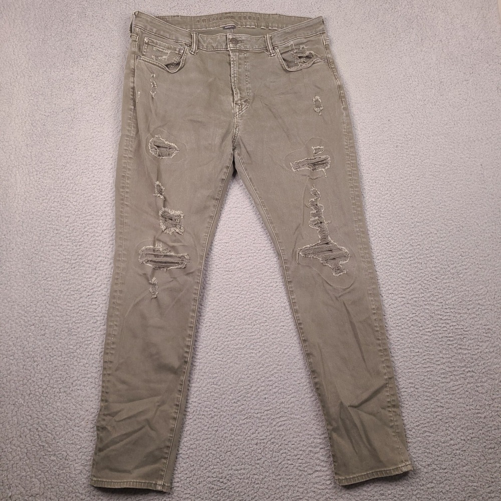 American Eagle Airflex+ Skinny Distressed Jeans Mens 36x31 Olive Green Ripped